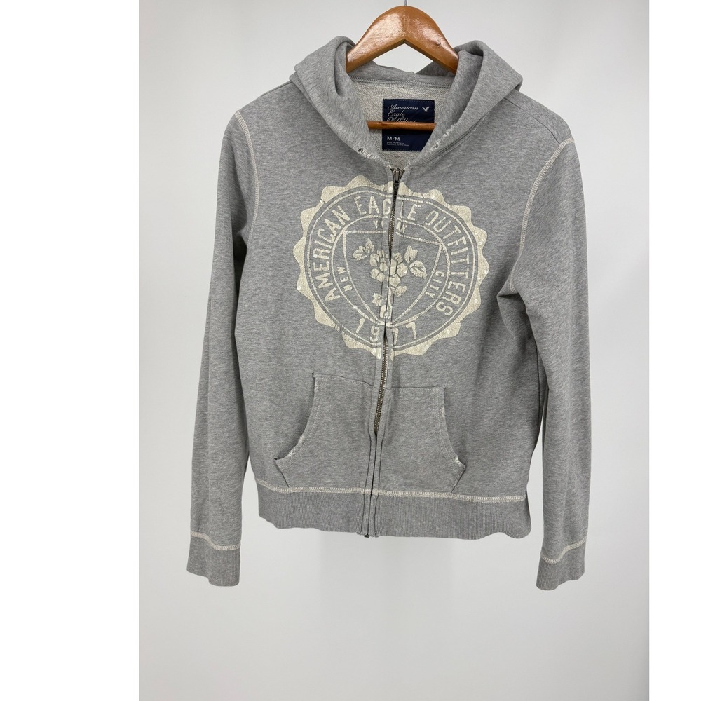 American Eagle‎ Zip Hoodie Womens M Gray Rhinestone Y2K Collegiate